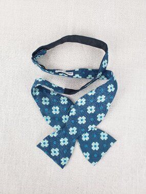 John Henric Milano 100% Linen Bow Tie Aqua Blue Preppy Mod Floral Bowtie